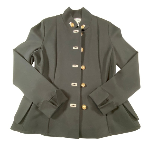 Joseph Ribkoff Black Military Peplum Jacket Gold Crest Button Mandarin Collar - Picture 3 of 12